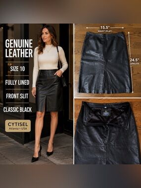 Cytisel Genuine Leather Black Skirt Size 10 Fully Lined Front Slit Minimalist